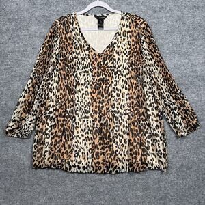 Ali Miles Size XL Chiffon V Neck Shirt Blouse Ombre Beige Black Leopard Pleated